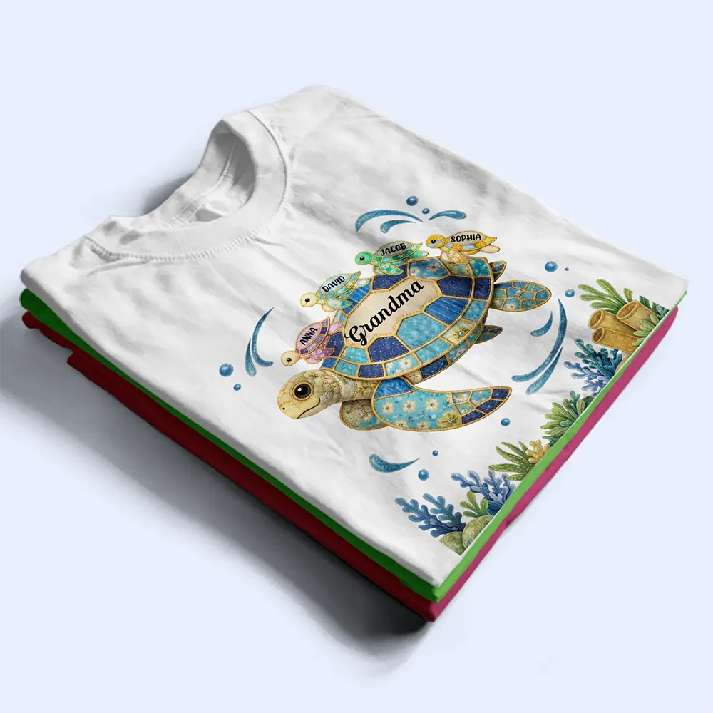 Grandma Mom Turtle Faux Patchwork - Personalized T Shirt - Image 2