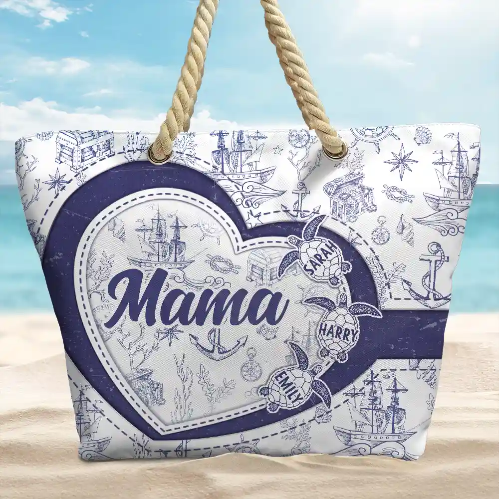 Grandma Mom Turtle Heart Toile - Personalized Beach Bag - Image 2