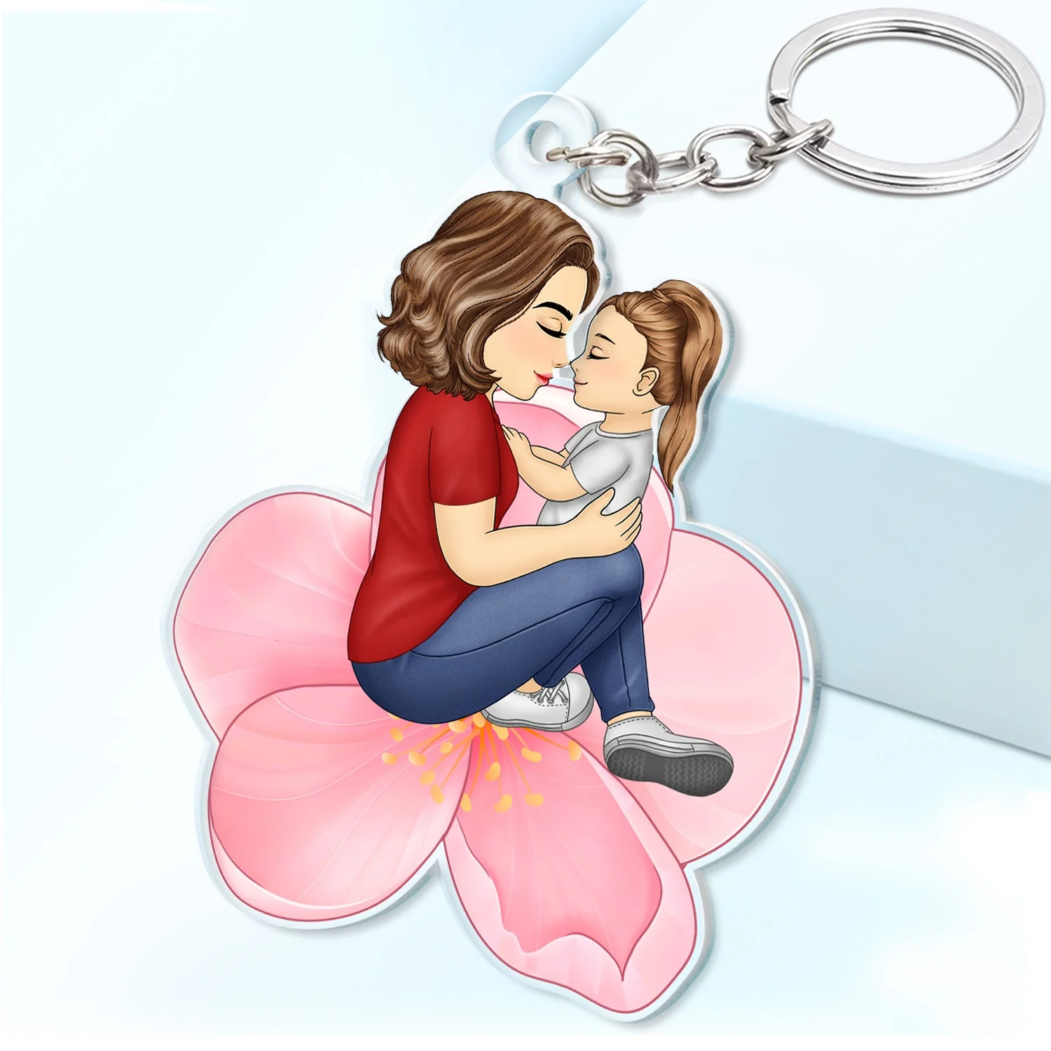 Grandma Mother And Child Sitting On A Flower - Gift For Mother And Grandma - Personalized Cutout Acrylic Keychain - Image 2