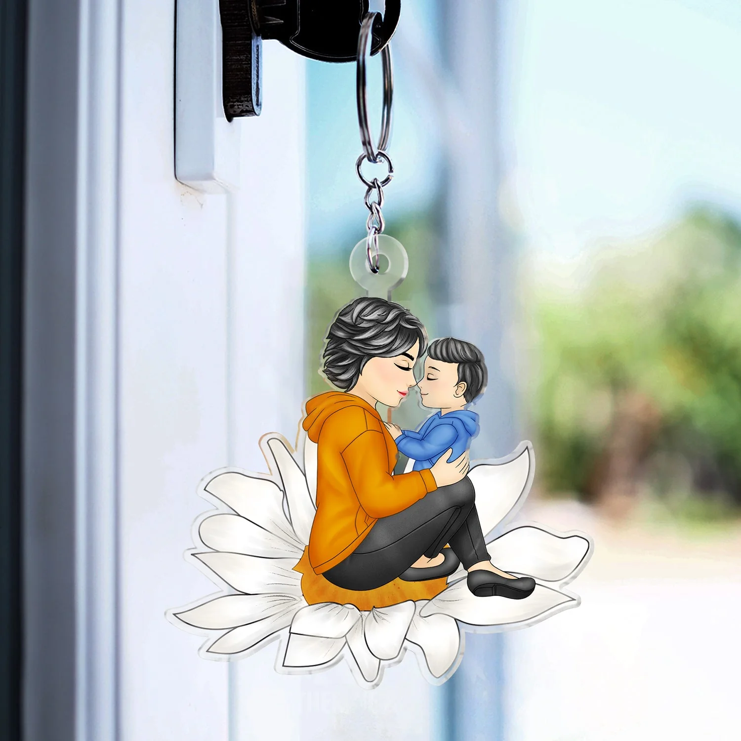 Grandma Mother And Child Sitting On A Flower - Gift For Mother And Grandma - Personalized Cutout Acrylic Keychain - Image 3