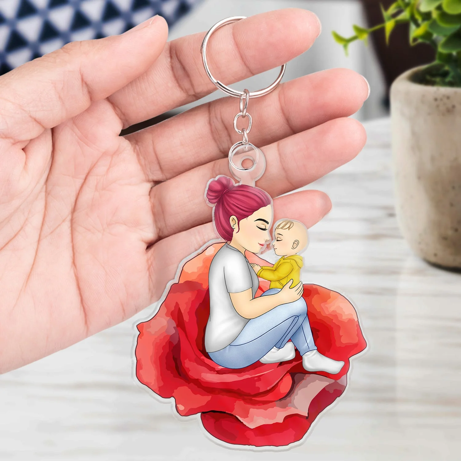 Grandma Mother And Child Sitting On A Flower - Gift For Mother And Grandma - Personalized Cutout Acrylic Keychain - Image 4