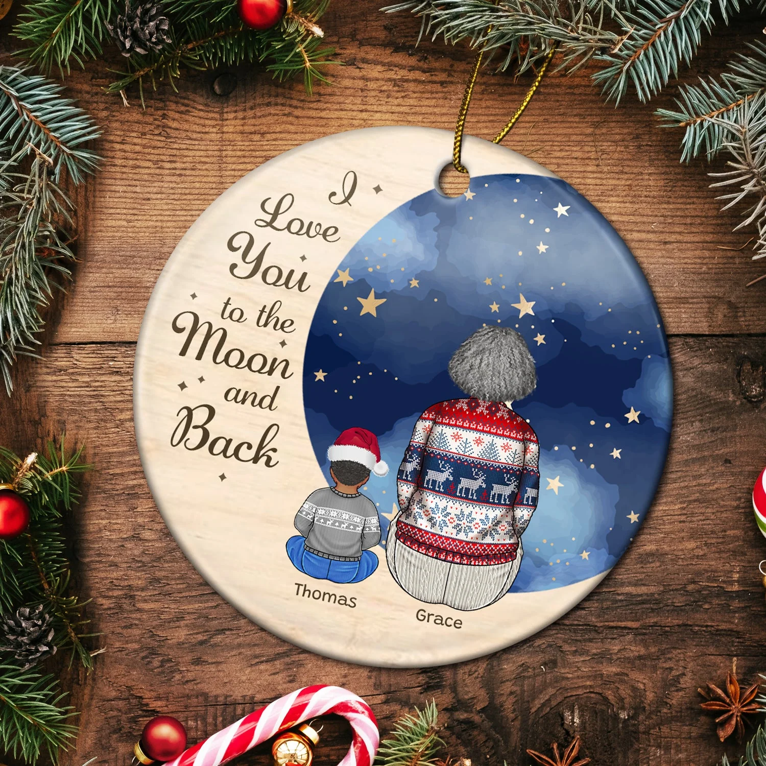 Grandma Mother I Love You To The Moon - Christmas, Gift For Granddaughter, Grandson, Kids - Personalized Circle Ceramic Ornament - Image 5