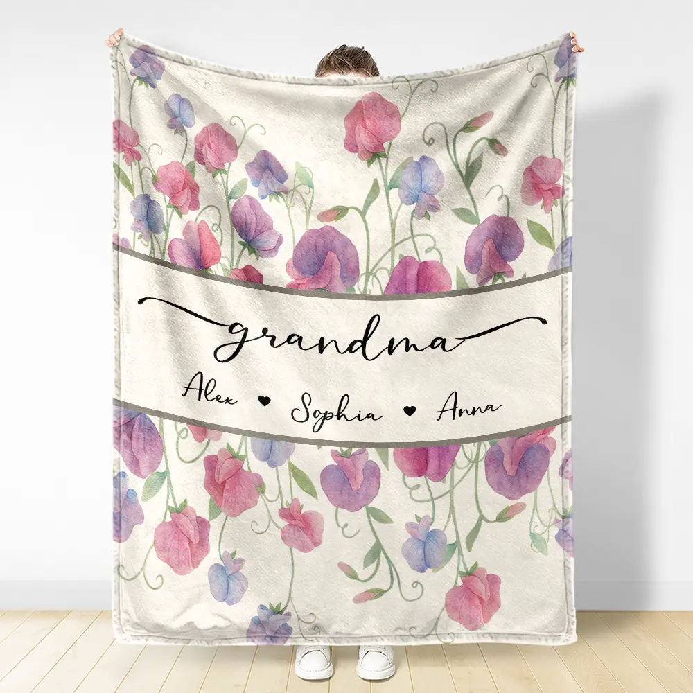 Grandma Mum Birth Flower Watercolor Blooming In Love - Personalized Fleece Blanket, Sherpa Blanket - Image 3