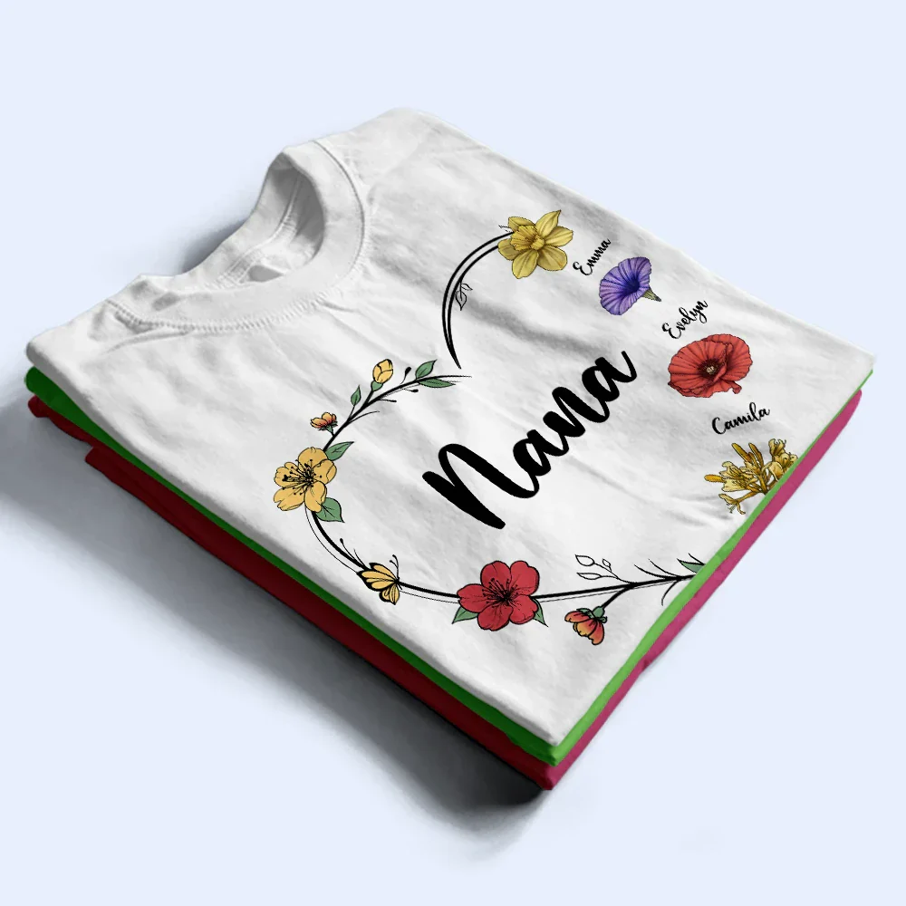 Grandma Nana Mom Birth Flower - Personalized T Shirt - Image 2