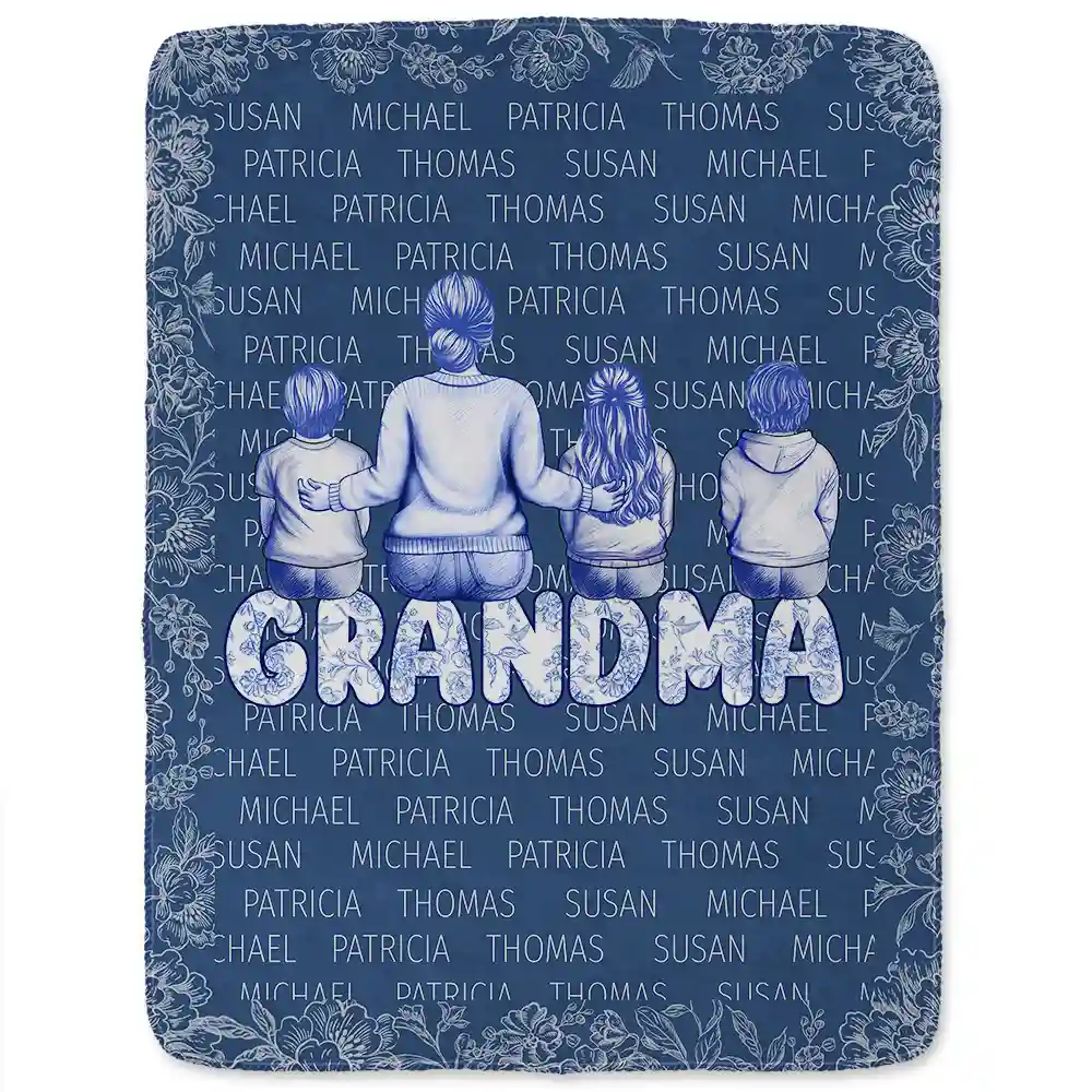 Grandma Nana Toile Back View Family - Personalized Fleece Blanket, Sherpa Blanket - Image 2