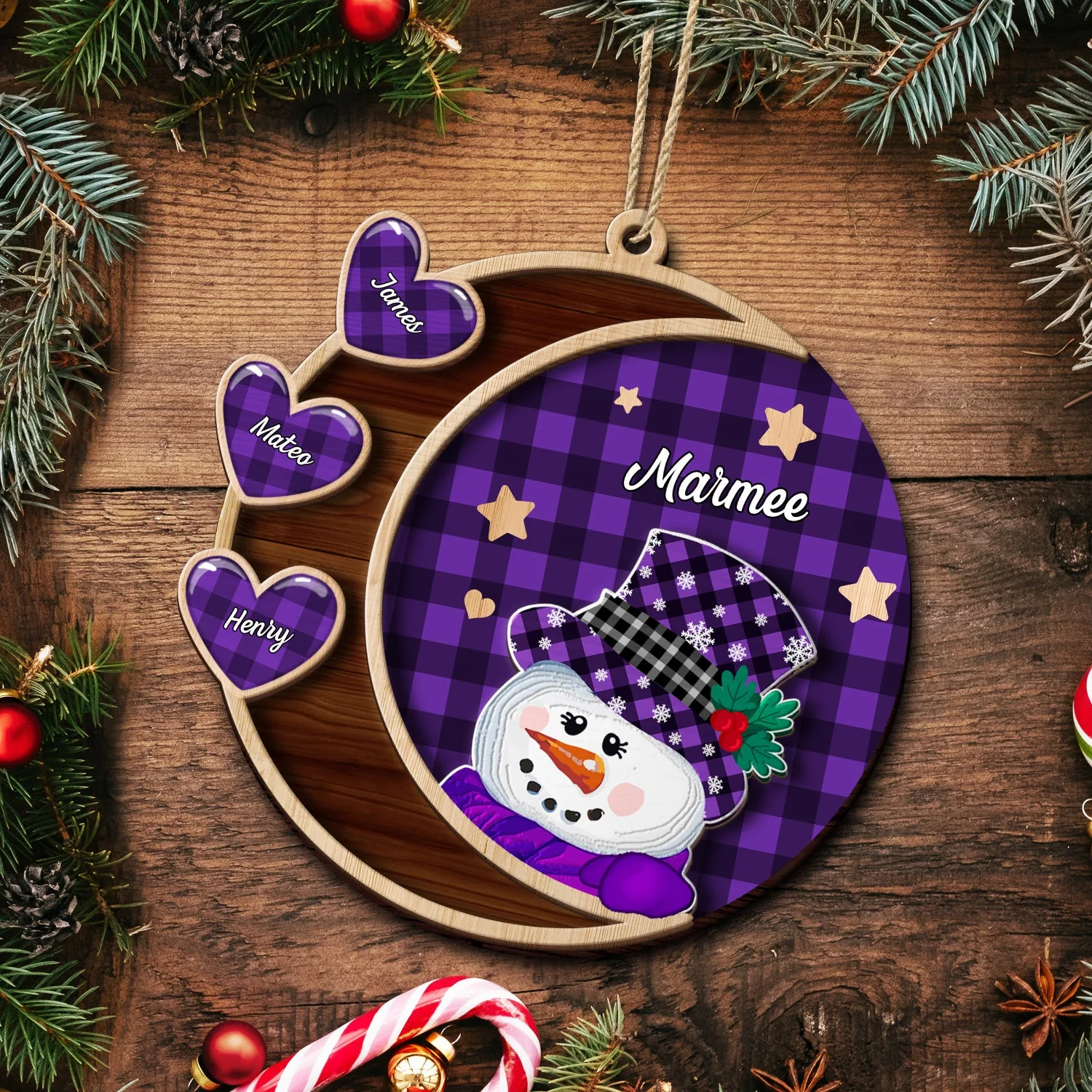 Grandma Snowman - Christmas, Loving Gift For Grandpa, Grandma, Grandparents - Personalized 2-Layered Wooden Ornament - Image 5