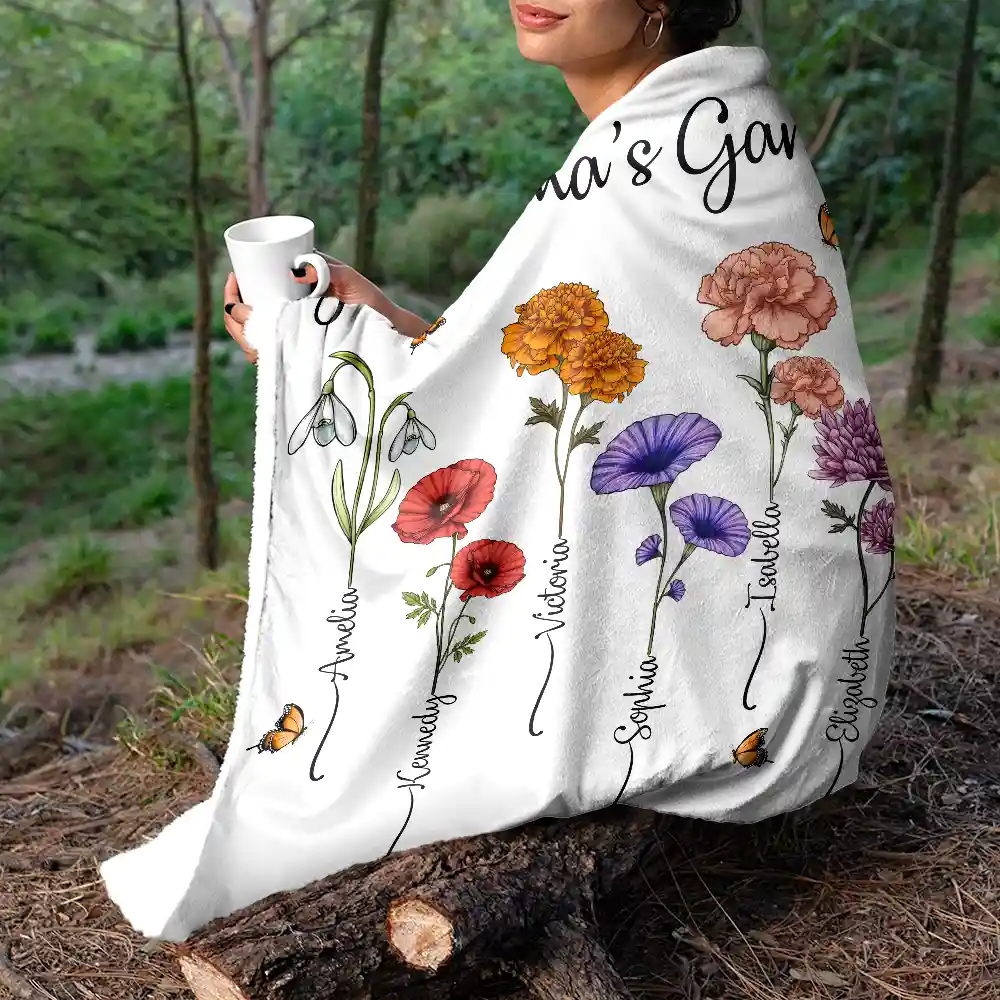 Grandma's Garden Birth Flower Bouquet - Personalized Fleece Blanket, Sherpa Blanket - Image 5