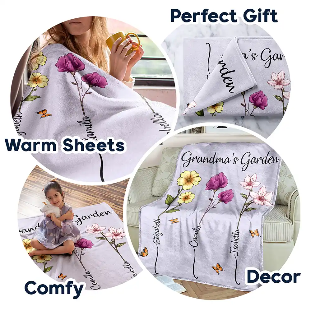 Grandma's Garden Birth Flower Bouquet - Personalized Fleece Blanket, Sherpa Blanket - Image 7