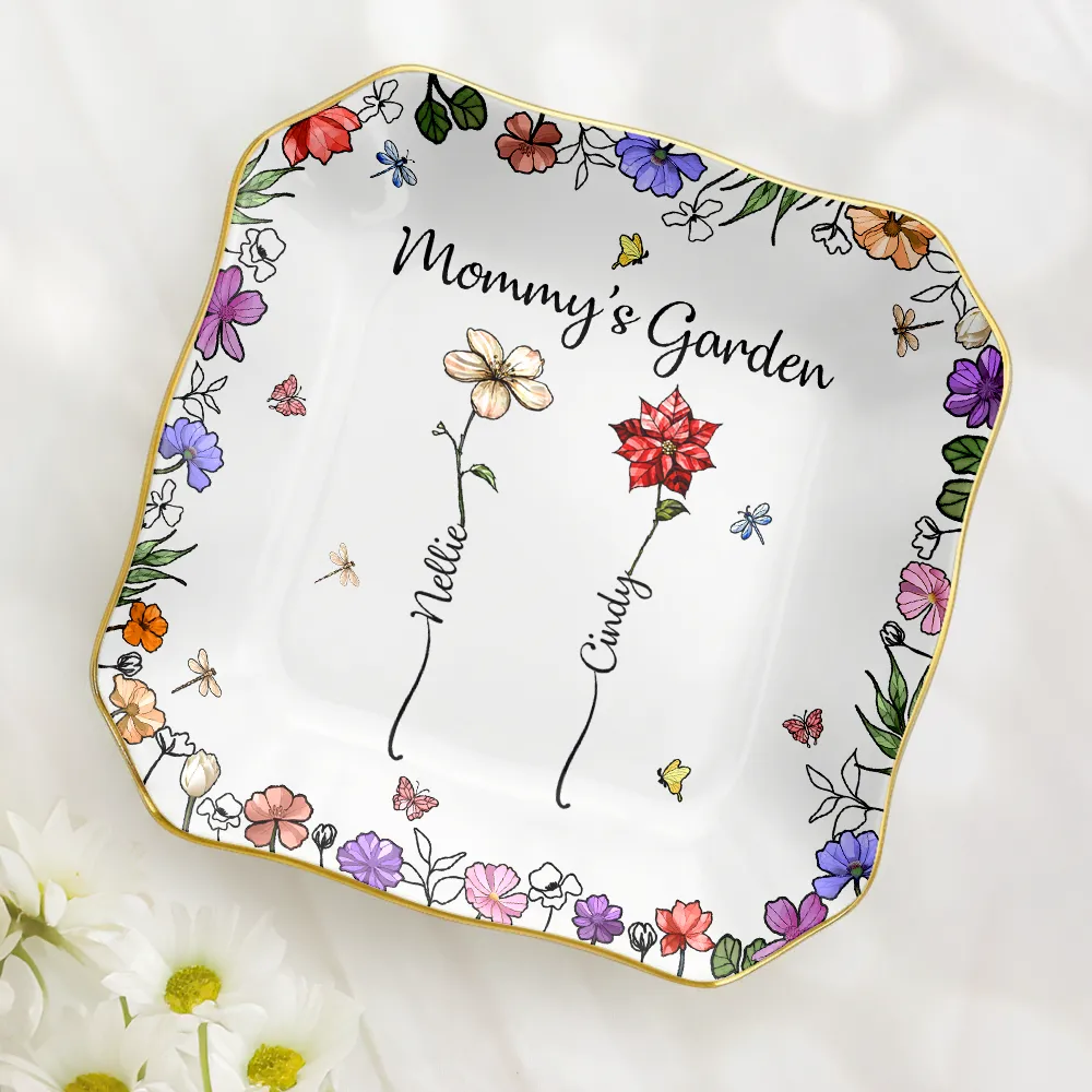 Grandma's Garden Birth Flower - Personalized Lace Square Jewelry Dish - Image 2