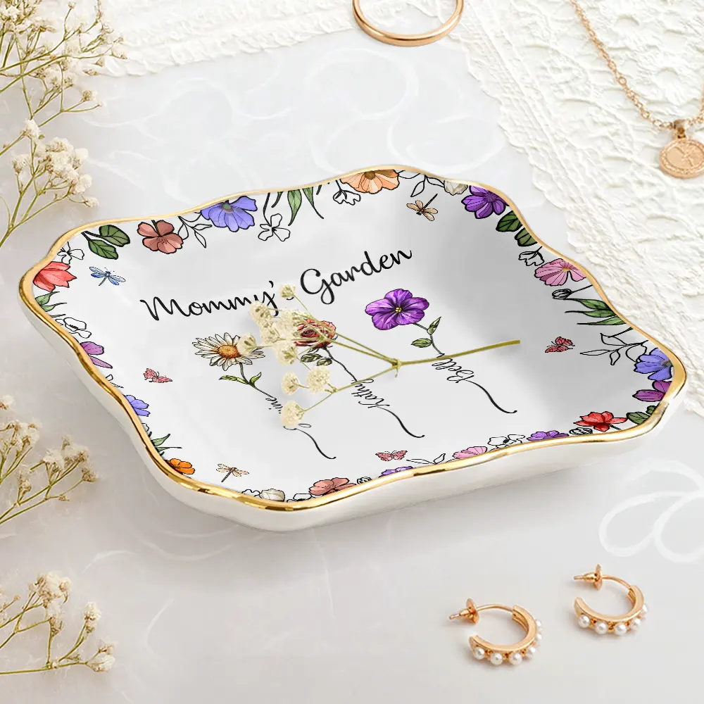 Grandma's Garden Birth Flower - Personalized Lace Square Jewelry Dish - Image 3
