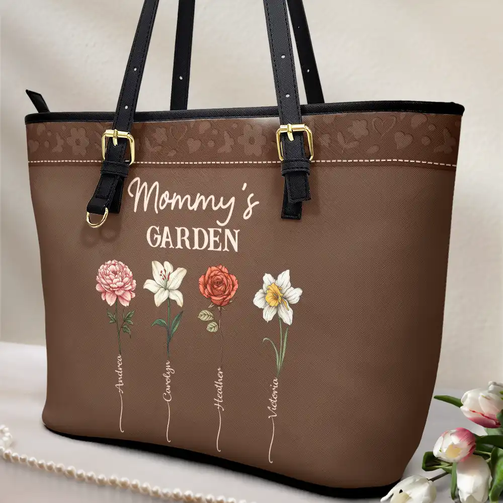 Grandma's Garden Birth Flower - Personalized Leather Tote Bag - Image 2
