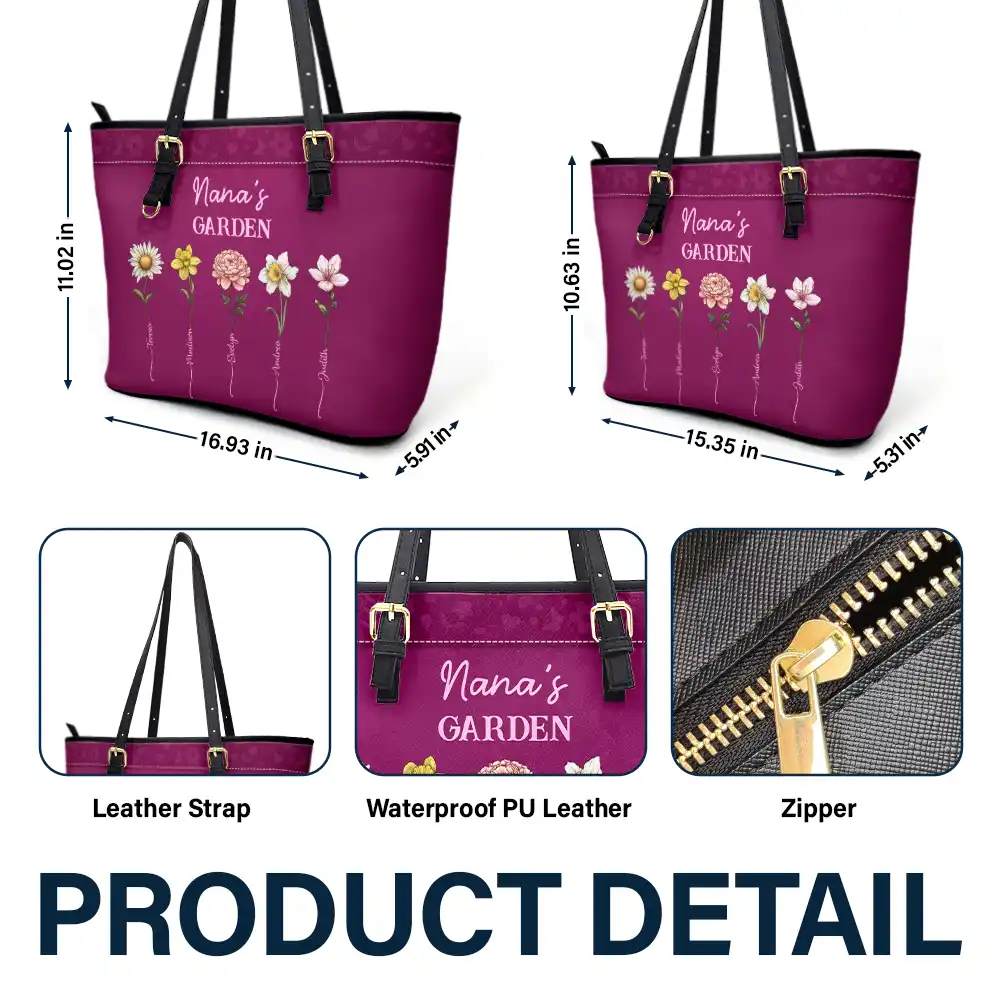Grandma's Garden Birth Flower - Personalized Leather Tote Bag - Image 5