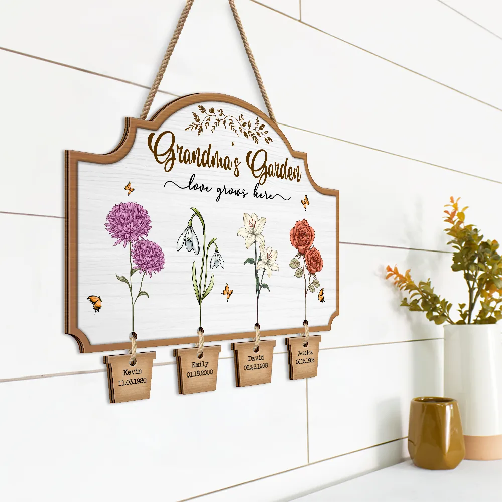Grandma's Garden Birth Flowers - Personalized Custom Shaped Wood Sign With Wooden Tags - Image 2