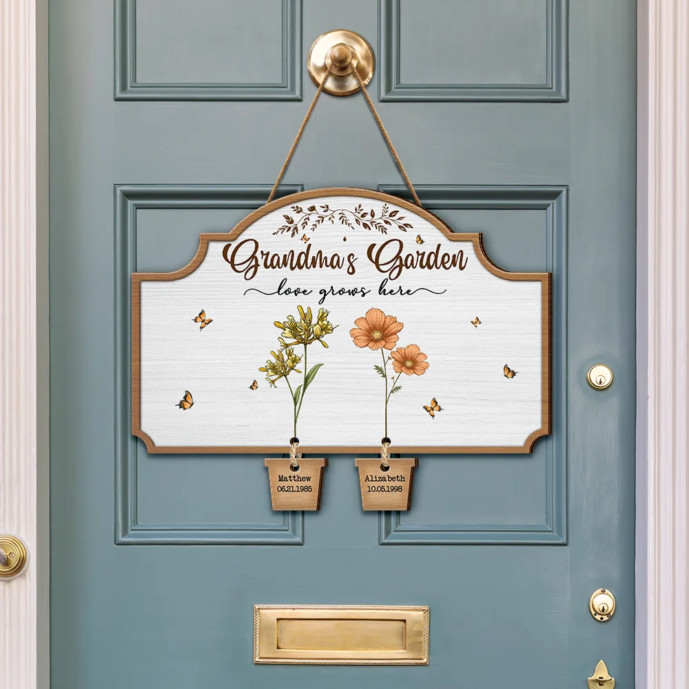 Grandma's Garden Birth Flowers - Personalized Custom Shaped Wood Sign With Wooden Tags - Image 3