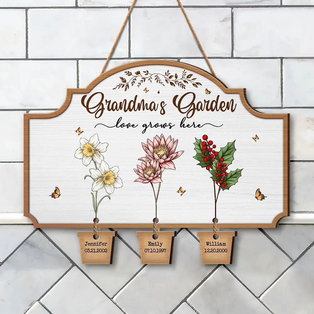 Grandma's Garden Birth Flowers - Personalized Custom Shaped Wood Sign With Wooden Tags - Image 4