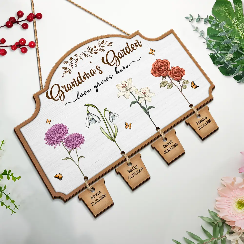 Grandma's Garden Birth Flowers - Personalized Custom Shaped Wood Sign With Wooden Tags - Image 5