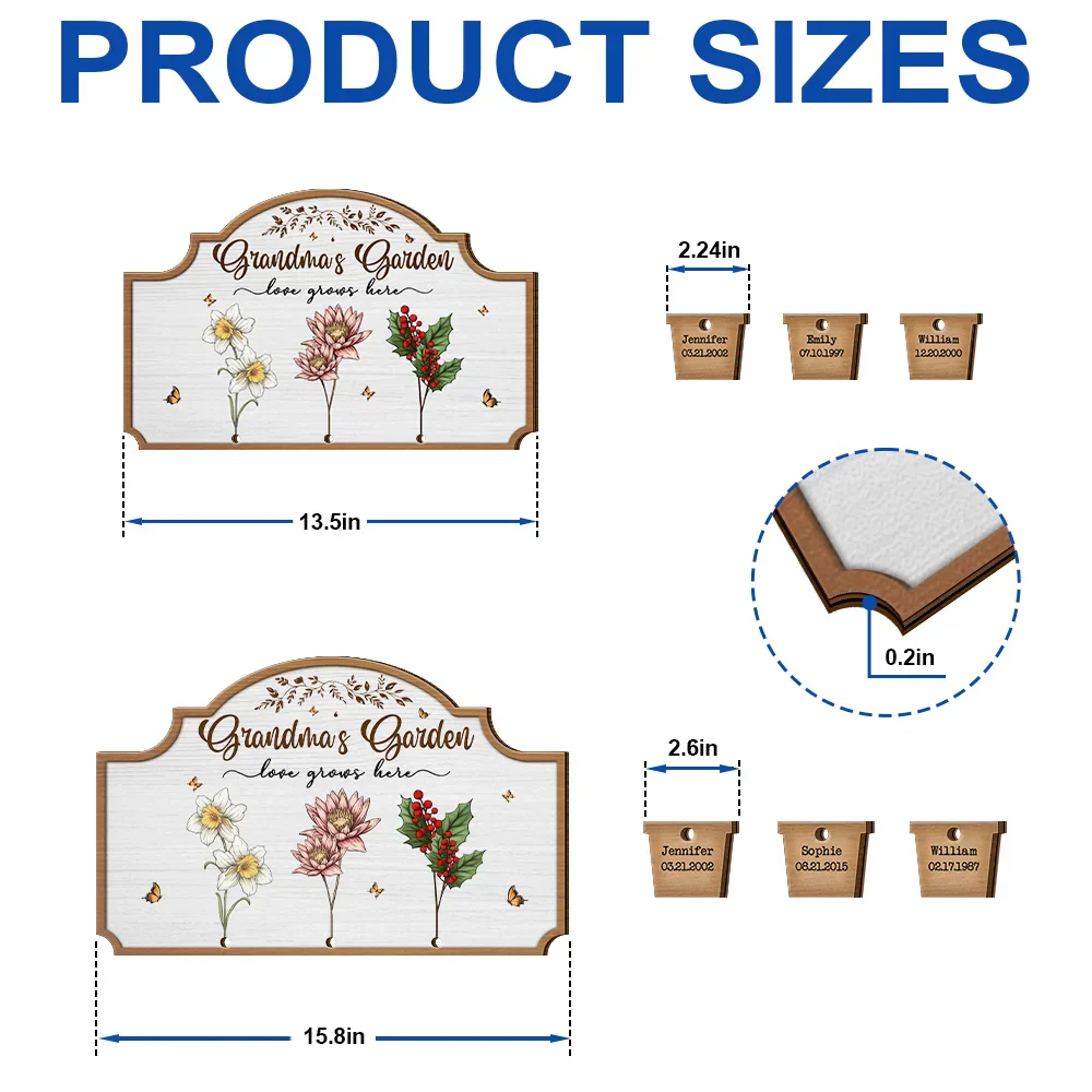 Grandma's Garden Birth Flowers - Personalized Custom Shaped Wood Sign With Wooden Tags - Image 6