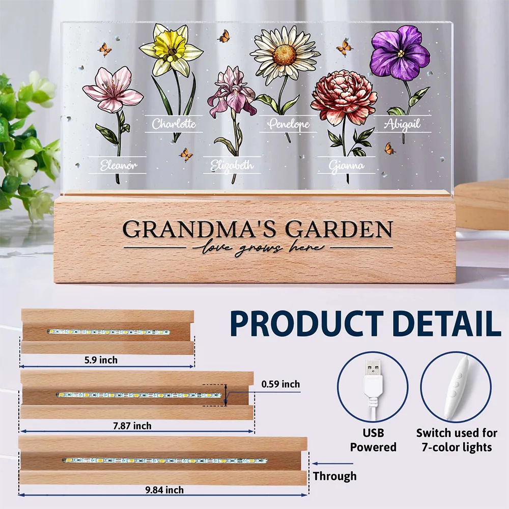 Grandma's Garden Birth Flowers - Personalized Rectangle LED Light - Image 6