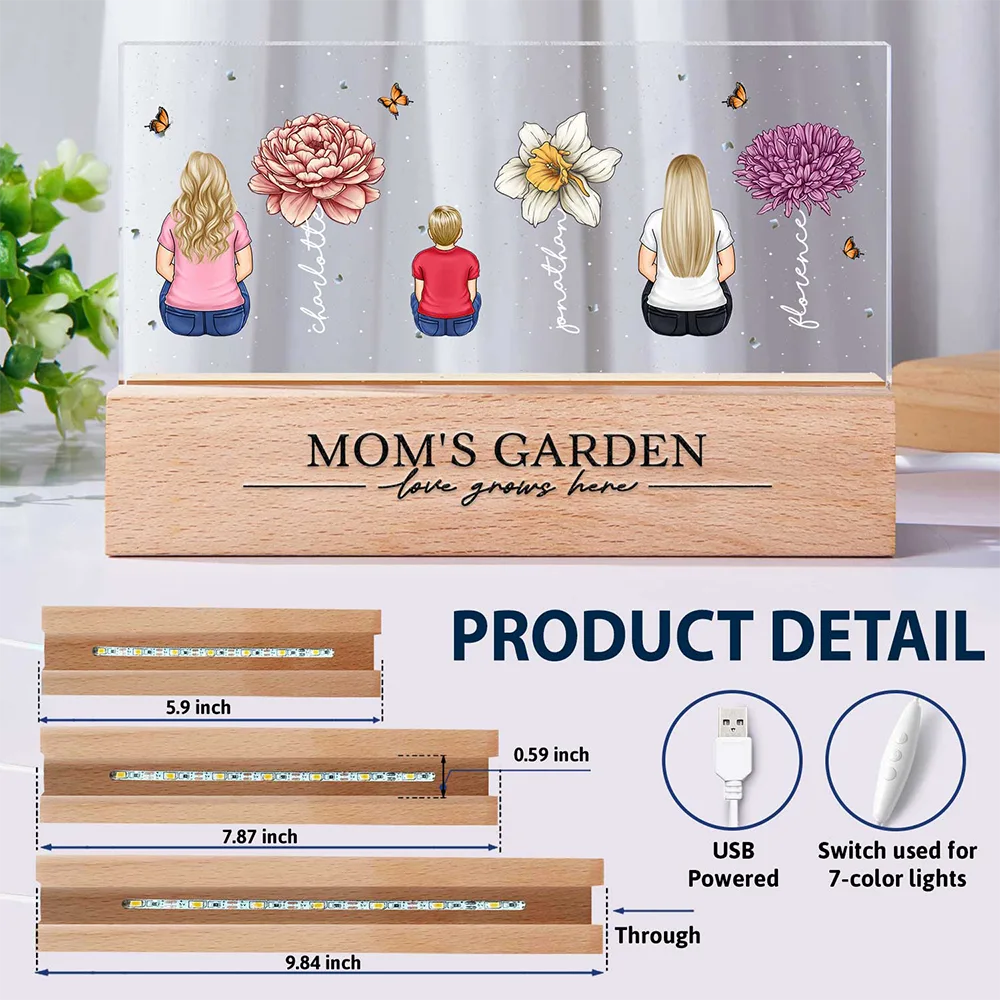 Grandma's Garden Birth Month Flowers Backside Children - Personalized Rectangle LED Light - Image 6