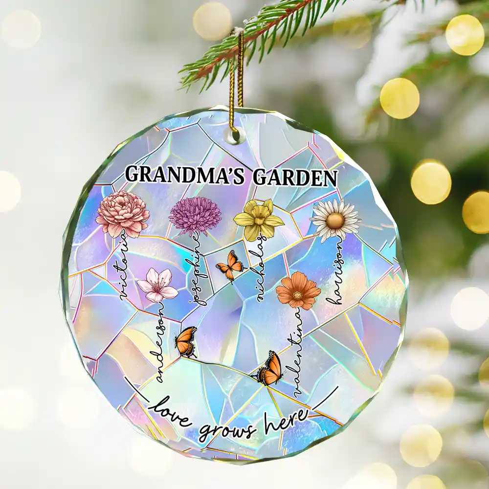 Grandma's Garden Birth Month Flowers - Personalized Circle Glass Ornament - Image 2