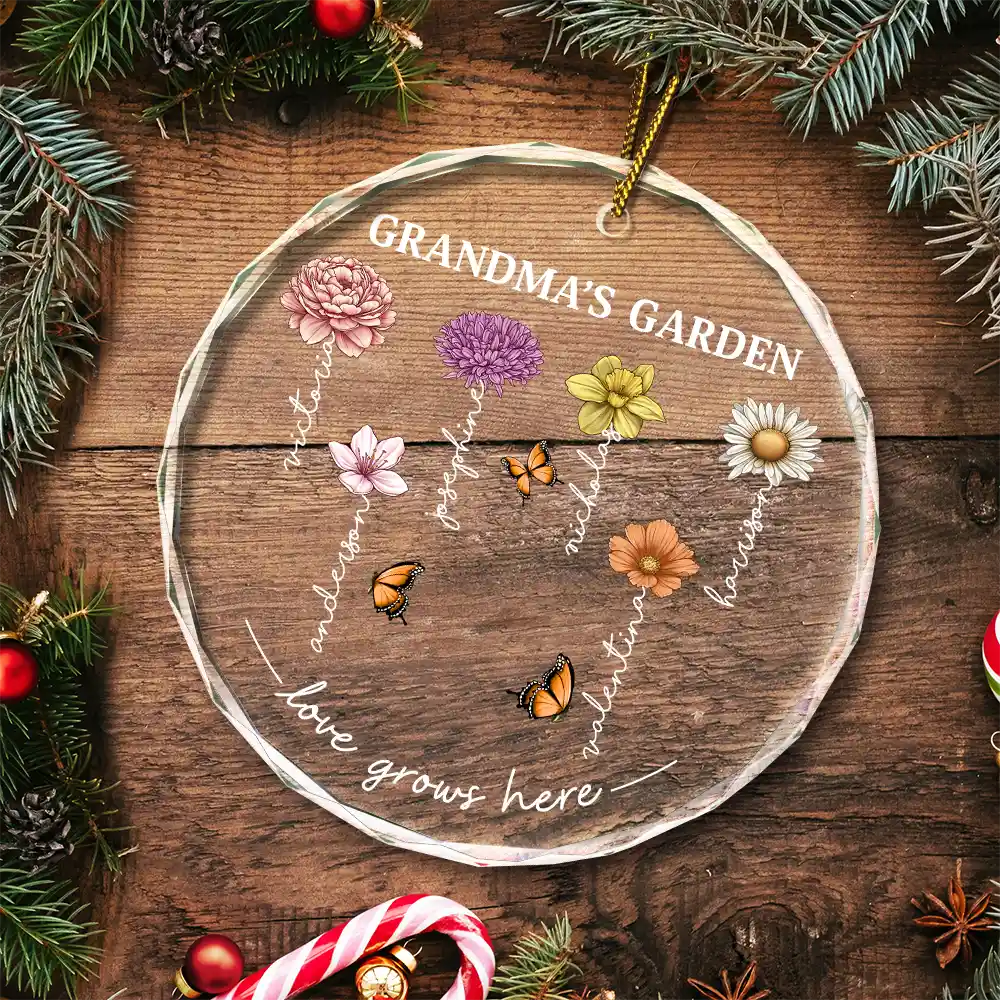 Grandma's Garden Birth Month Flowers - Personalized Circle Glass Ornament - Image 5