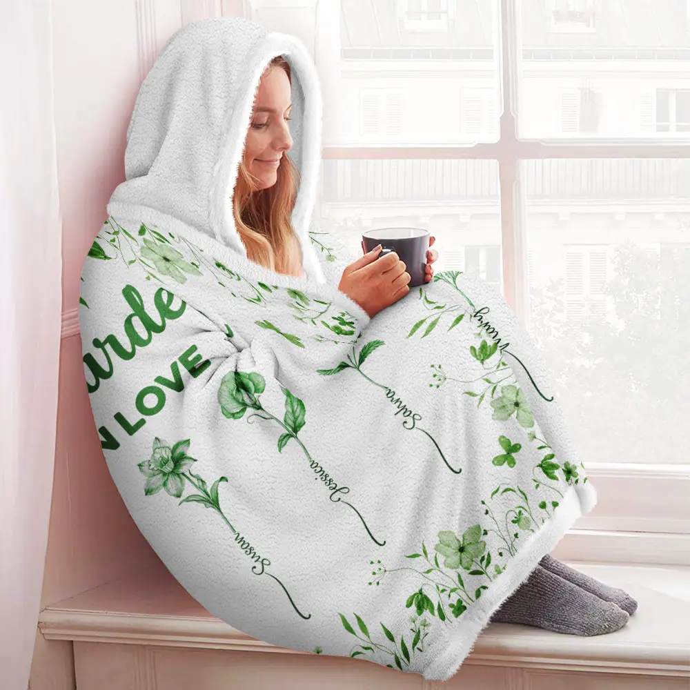 Grandma's Garden Blooming In Love Toile Birth Flower - Personalized Wearable Hooded Blanket - Image 3
