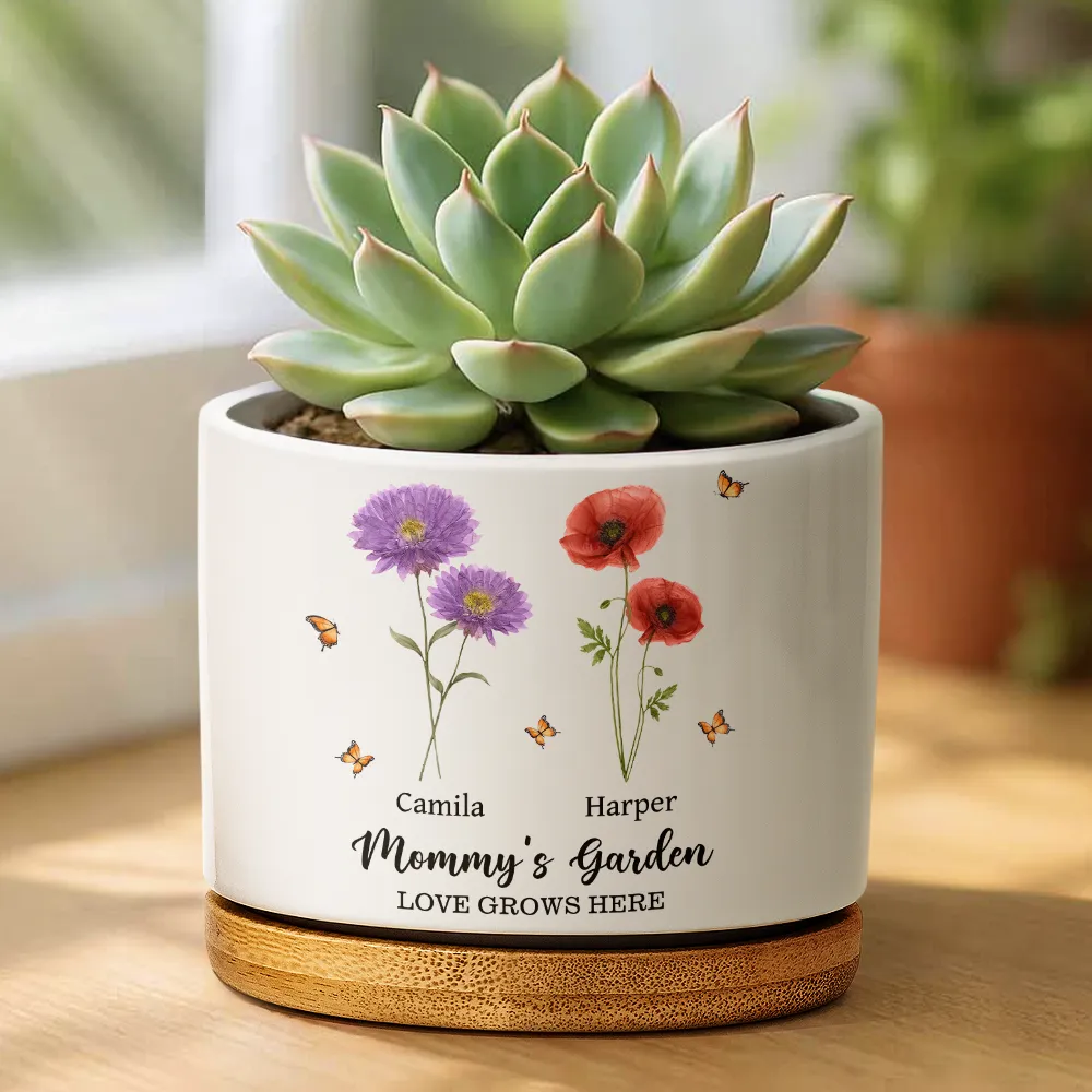 Grandma's Garden Faux Pressed Effect Birth Flower - Personalized Ceramic Plant Pot - Image 2