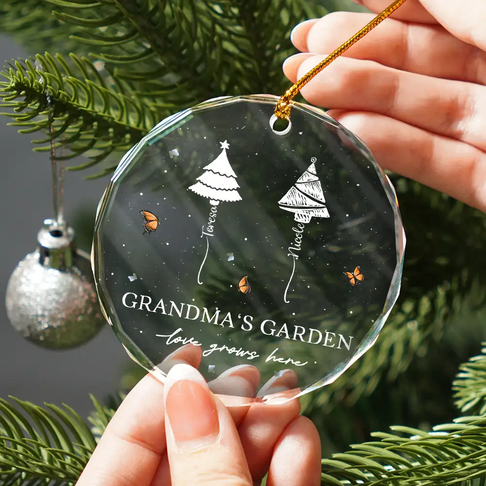 Grandma's Garden Love Grows Here - Personalized Circle Glass Ornament - Image 2