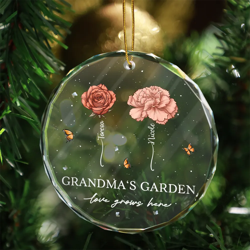 Grandma's Garden Love Grows Here - Personalized Circle Glass Ornament - Image 3