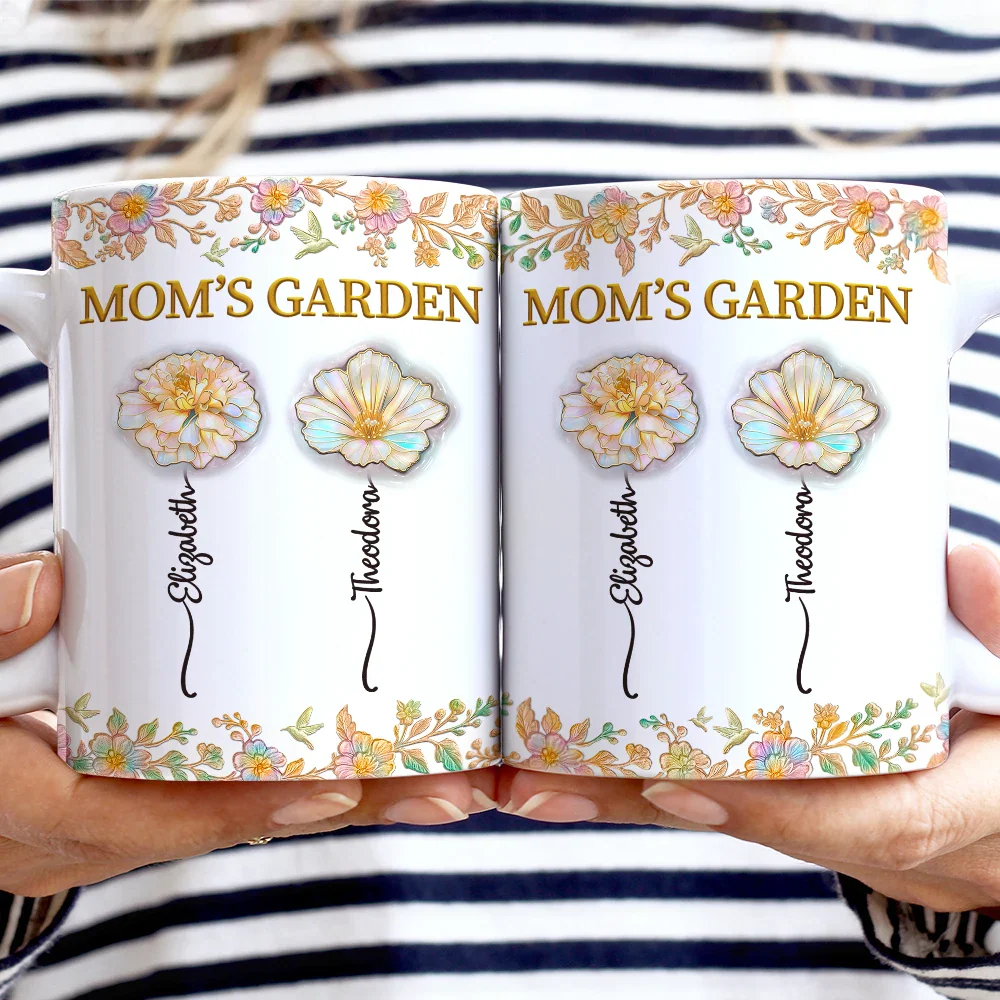 Grandma's Garden Nacre Effect Birth Flower - Personalized White Edge-to-Edge Mug - Image 2