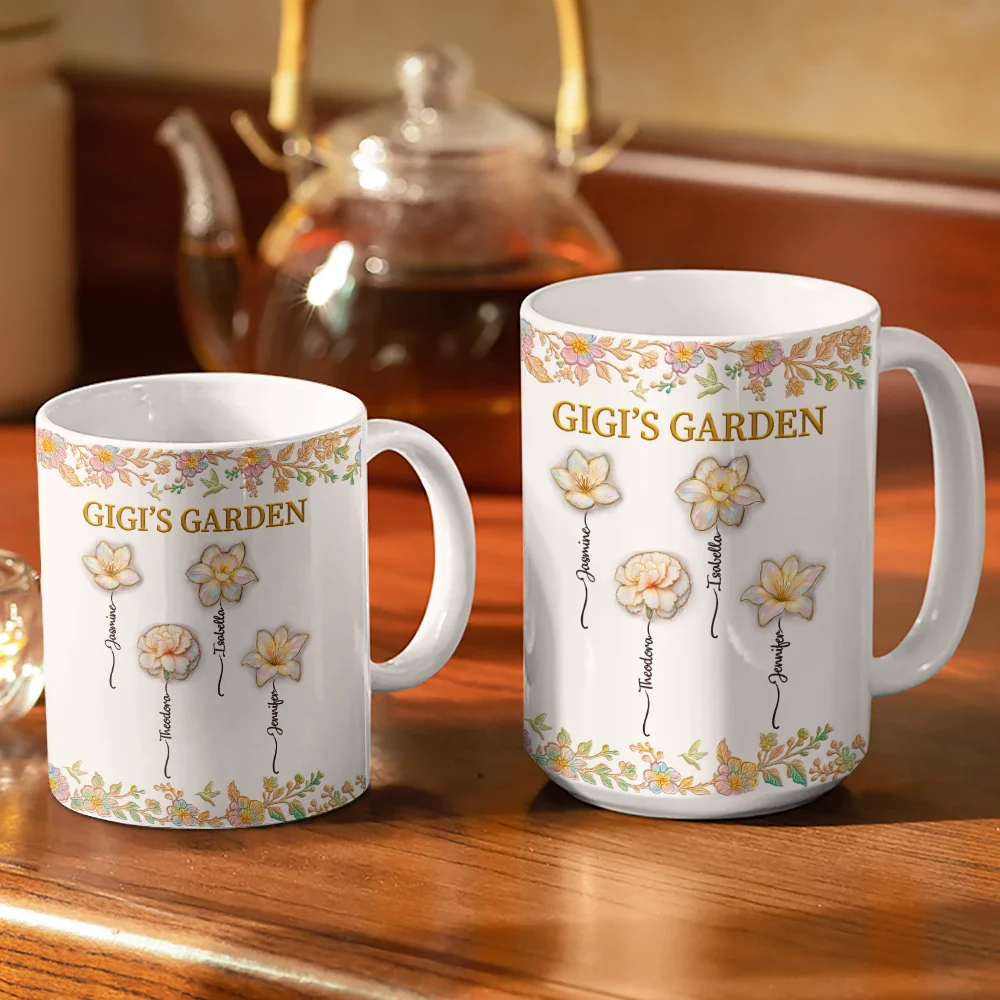 Grandma's Garden Nacre Effect Birth Flower - Personalized White Edge-to-Edge Mug - Image 3