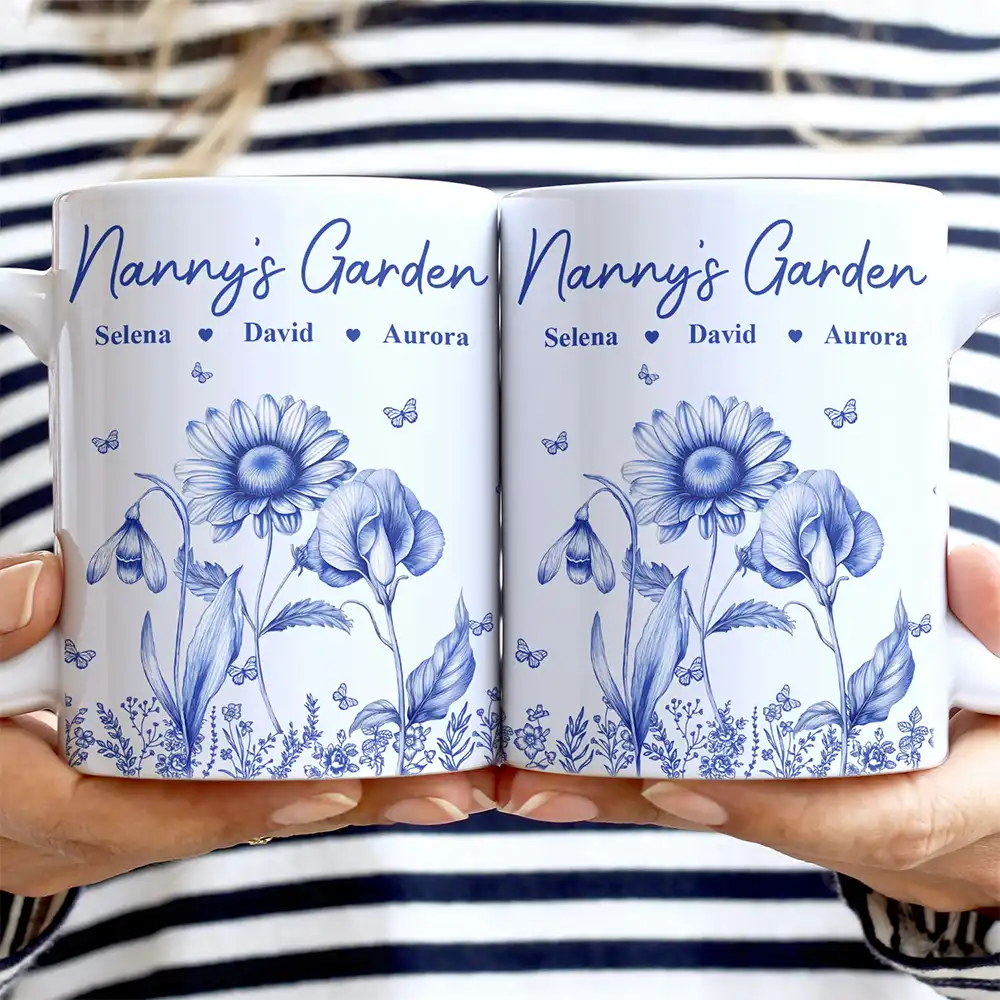 Grandma's Garden Toile Birth Flower - Personalized White Edge-to-Edge Mug - Image 2