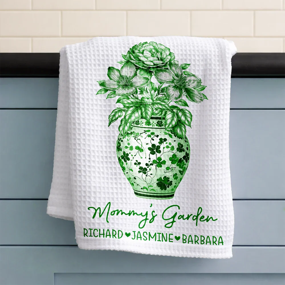 Grandma's Garden Toile Birth Flower Vase - Personalized Kitchen Towel - Image 3