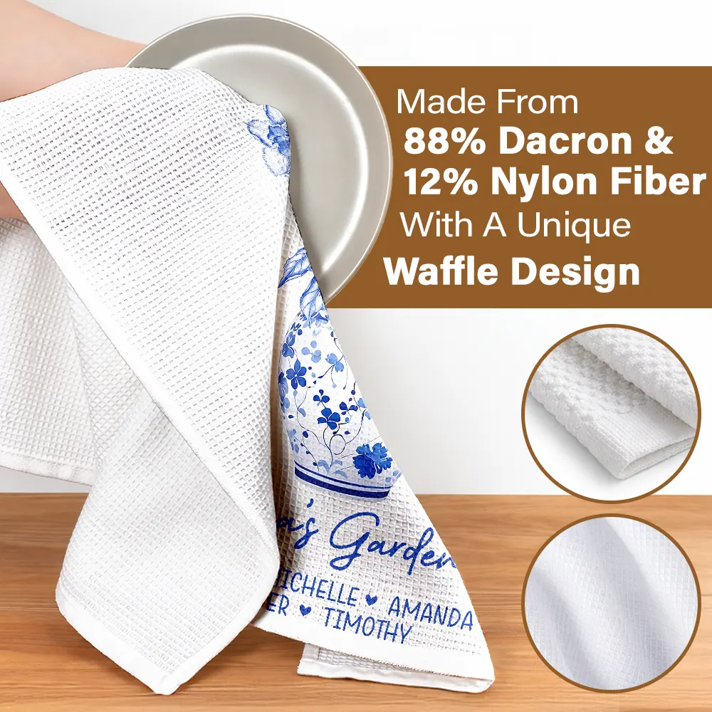 Grandma's Garden Toile Birth Flower Vase - Personalized Kitchen Towel - Image 4
