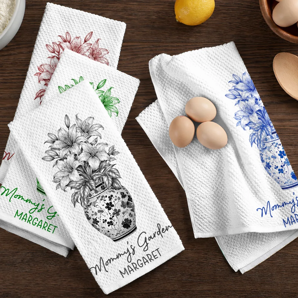 Grandma's Garden Toile Birth Flower Vase - Personalized Kitchen Towel - Image 6