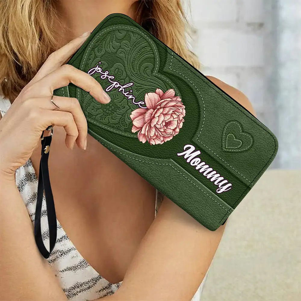 Grandma's Little Hearts Birth Month Flowers - Personalized Leather Long Wallet - Image 3