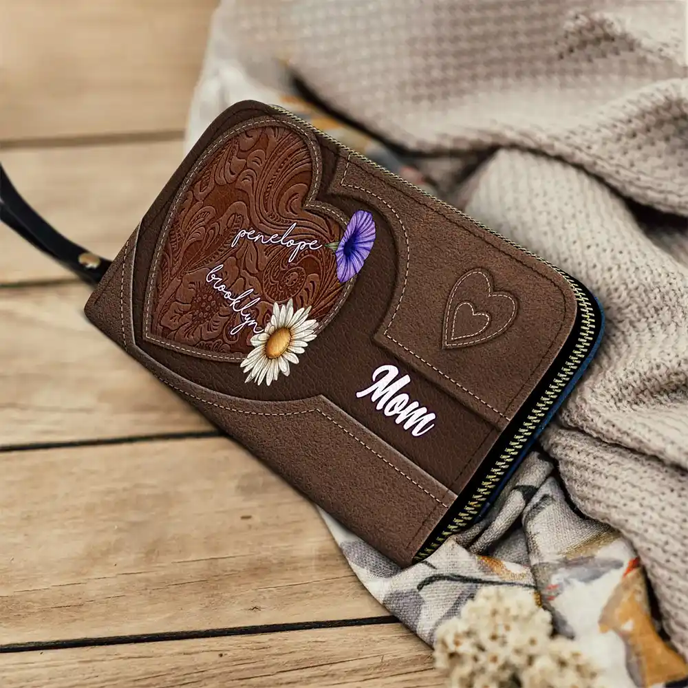 Grandma's Little Hearts Birth Month Flowers - Personalized Leather Long Wallet - Image 4