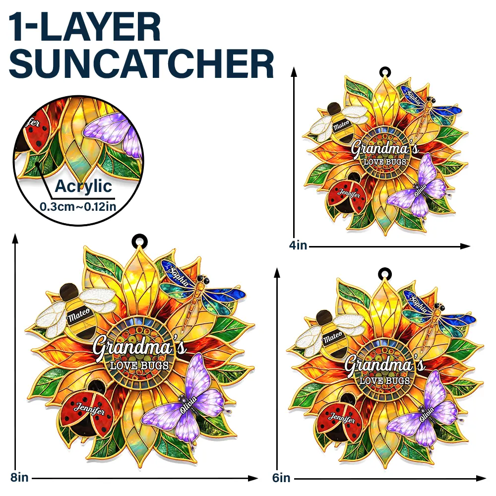 Grandma's Love Bugs Stained Glass Effect - Personalized Window Hanging Suncatcher Ornament - Image 5