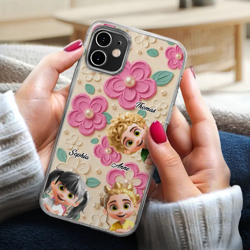 Grandma's Mom's Kids 3D Effect Flower Pattern - Personalized Clear Phone Case - Image 3