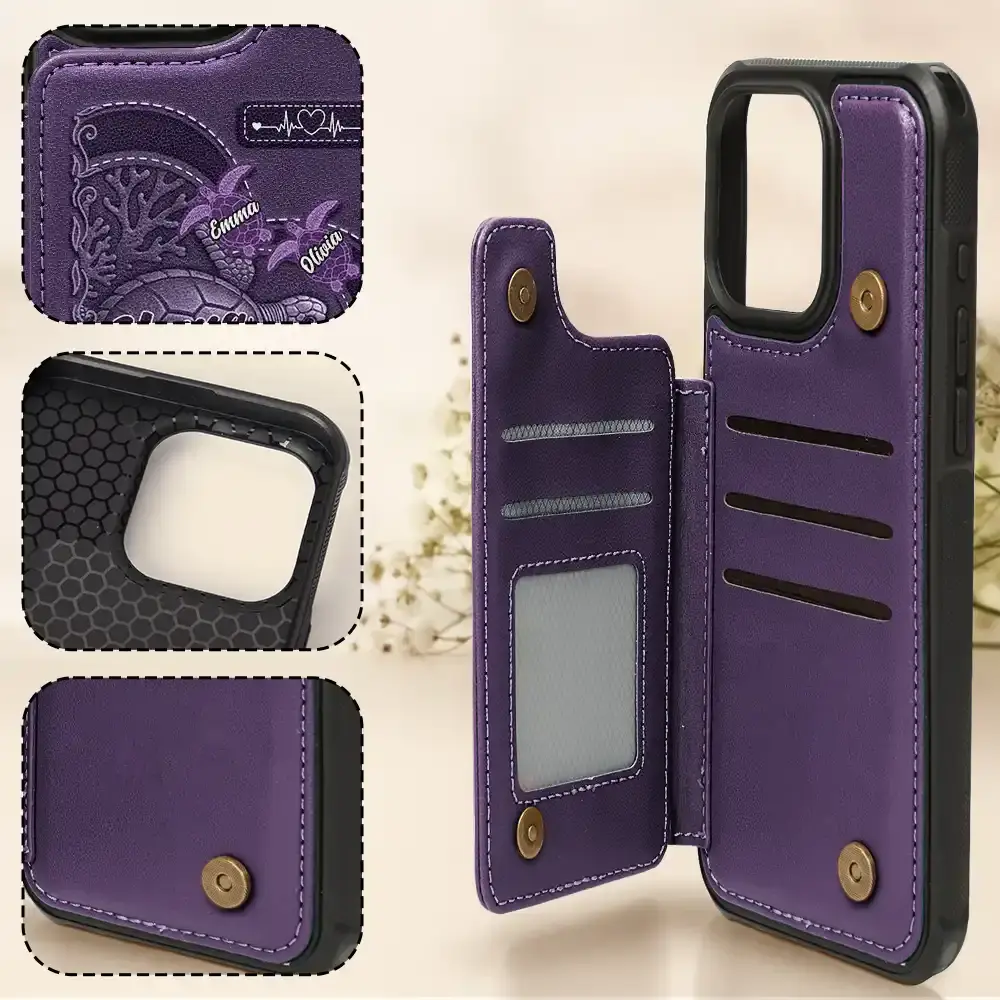 Grandma's Mom's Sea Turtle - Personalized Leather Flip Wallet Phone Case - Image 4