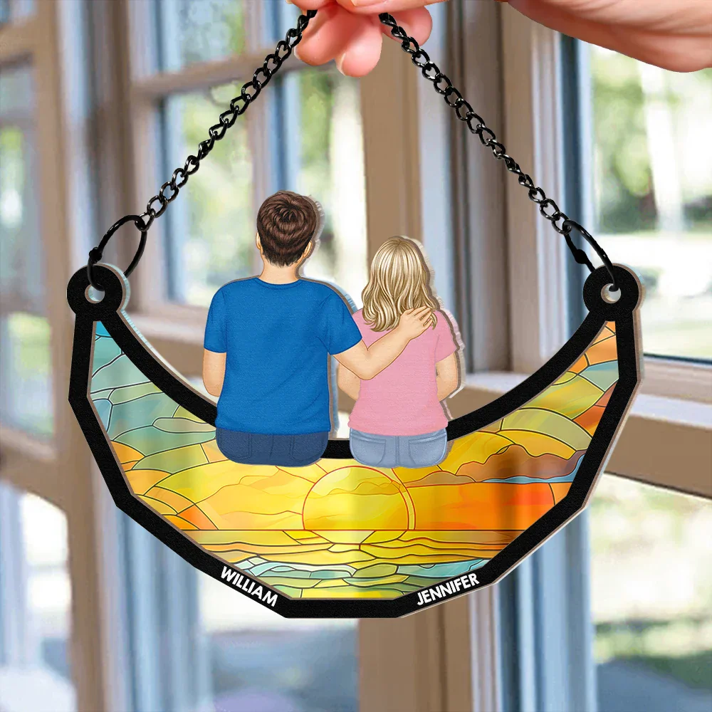 Grandpa And Grandkids On The Moon - Personalized Window Hanging Suncatcher Ornament - Image 2