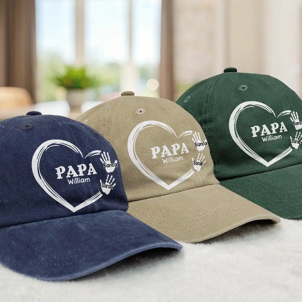 Grandpa Dad Grandma Mom Kids Handprints - Personalized Vintage Washed Denim Cap - Image 3