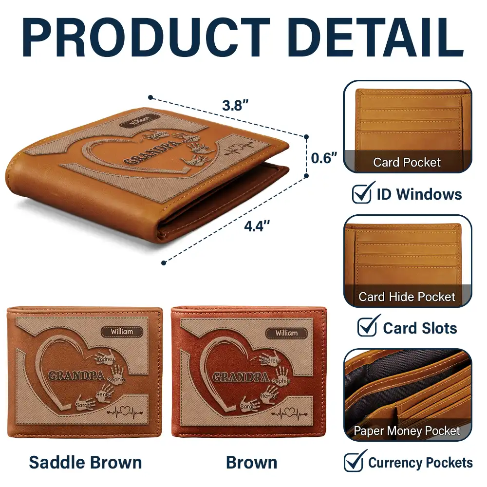 Grandpa Dad Kids Handprints - Personalized Leather Wallet - Image 5