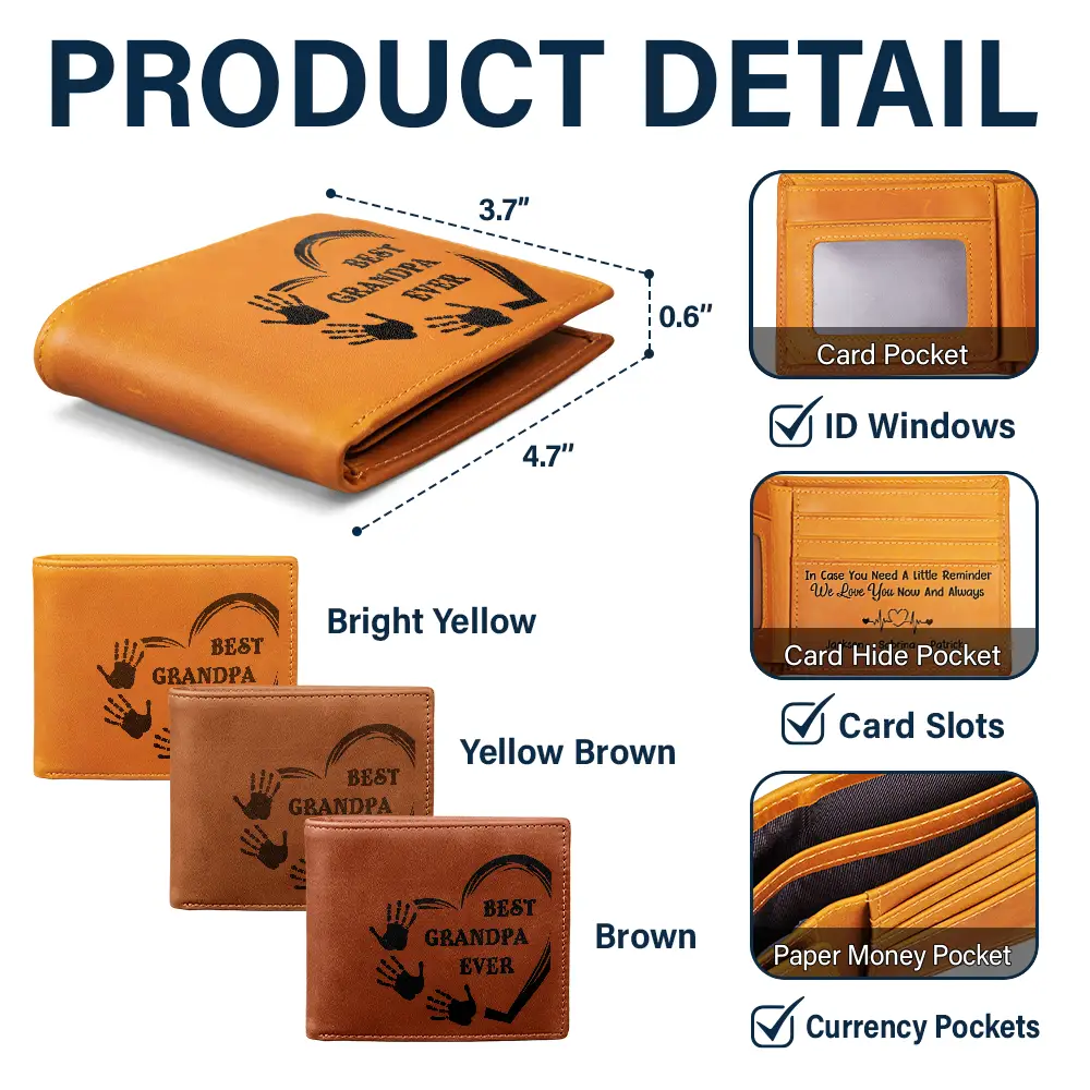 Grandpa Sweetheart Grandkid Handprint - Personalized Engraved Leather Wallet - Image 5