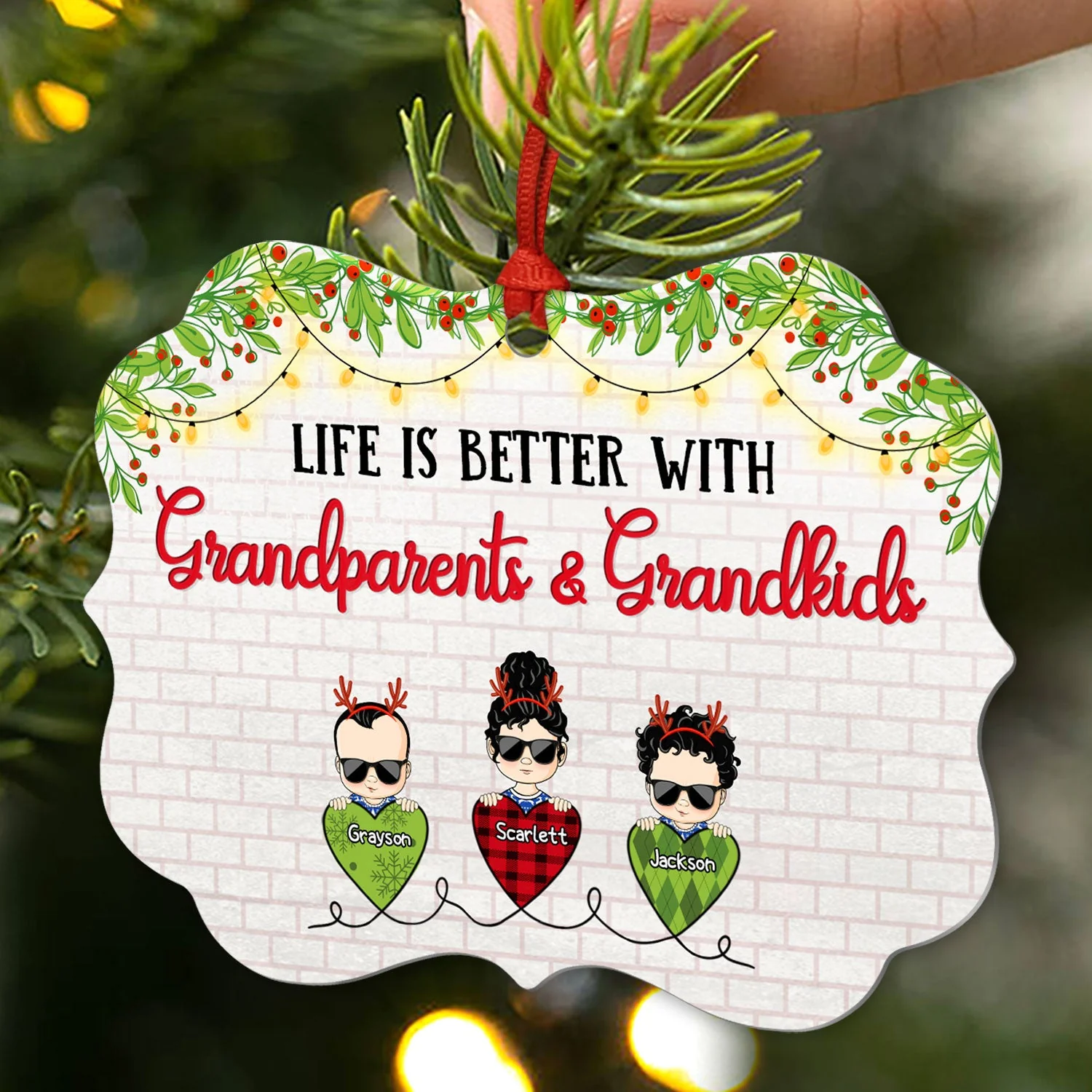 Grandparents & Grandkids Always Be Connected By Heart - Christmas Gift For Family - Personalized Custom Aluminum Ornament - Image 2