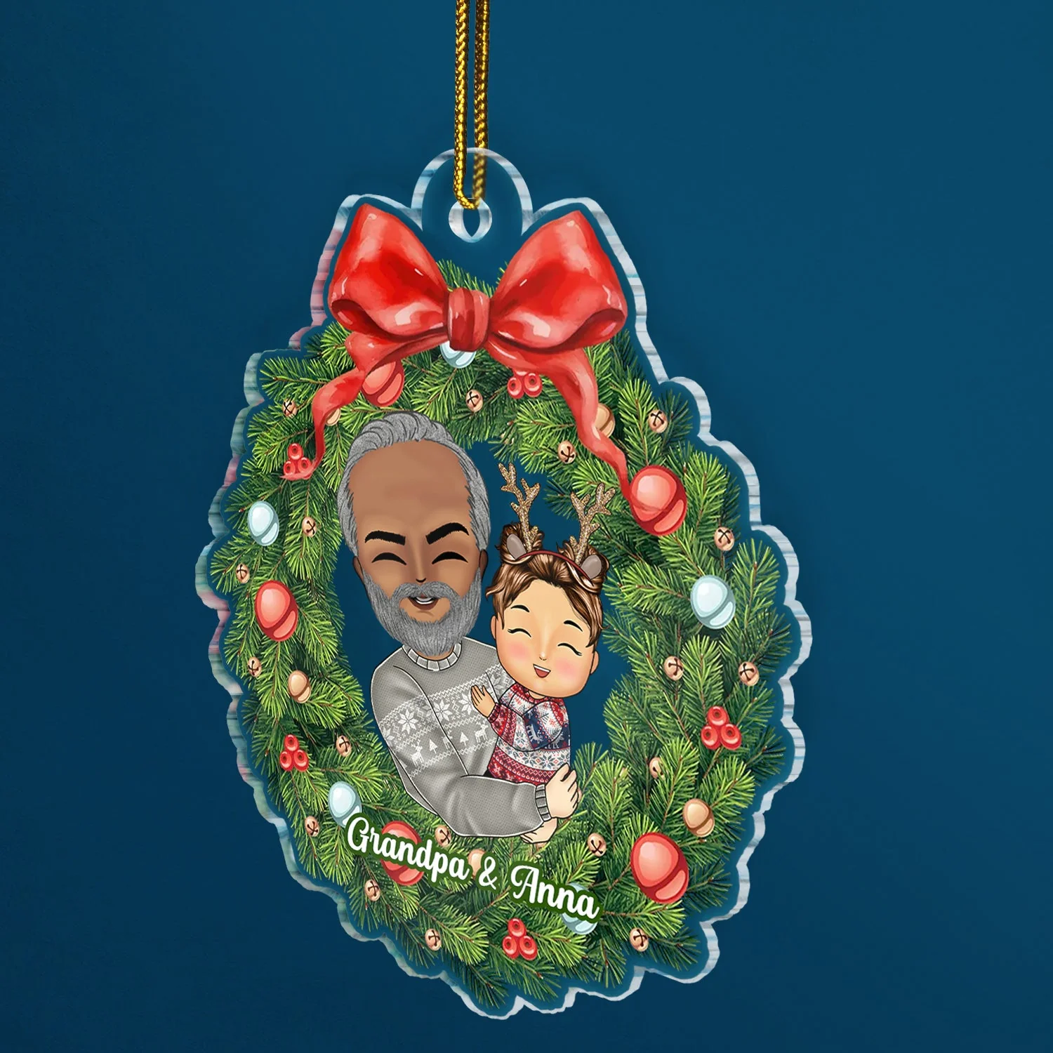 Grandparents Hug Grandkids Christmas Wreath - Gift For Grandma, Grandmother, Grandfather, Grandpa - Personalized Custom Shaped Acrylic Ornament - Image 2