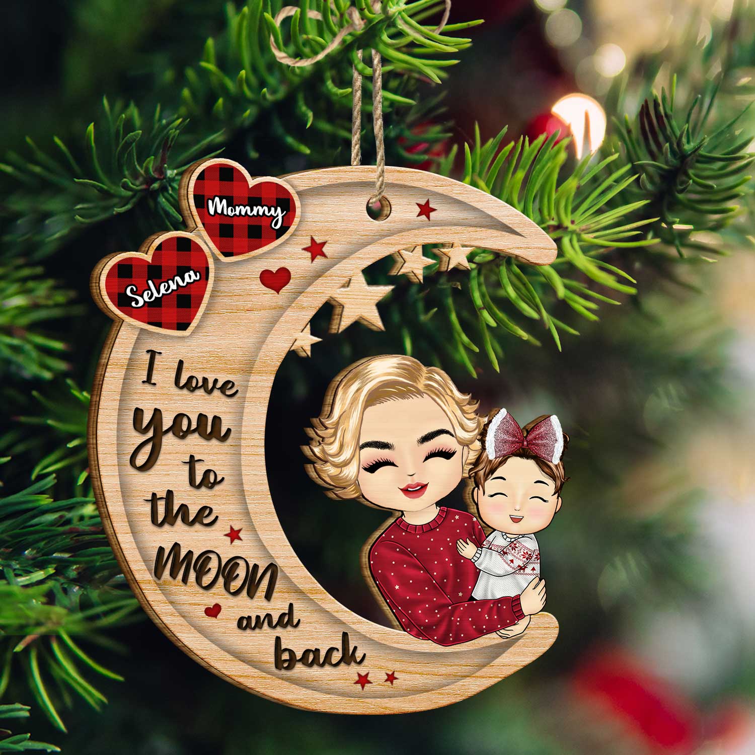 Grandparents Hug Grandkids Sitting On Moon - Christmas Gift For Granddaughter, Grandson - Personalized Wooden Cutout Ornament - Image 3