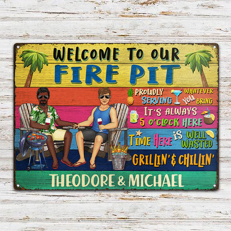 Grilling Couple Welcome To Our Pool Proudly Serving Whatever You Bring - Gift For Couples - Personalized Custom Classic Metal Signs - Image 2