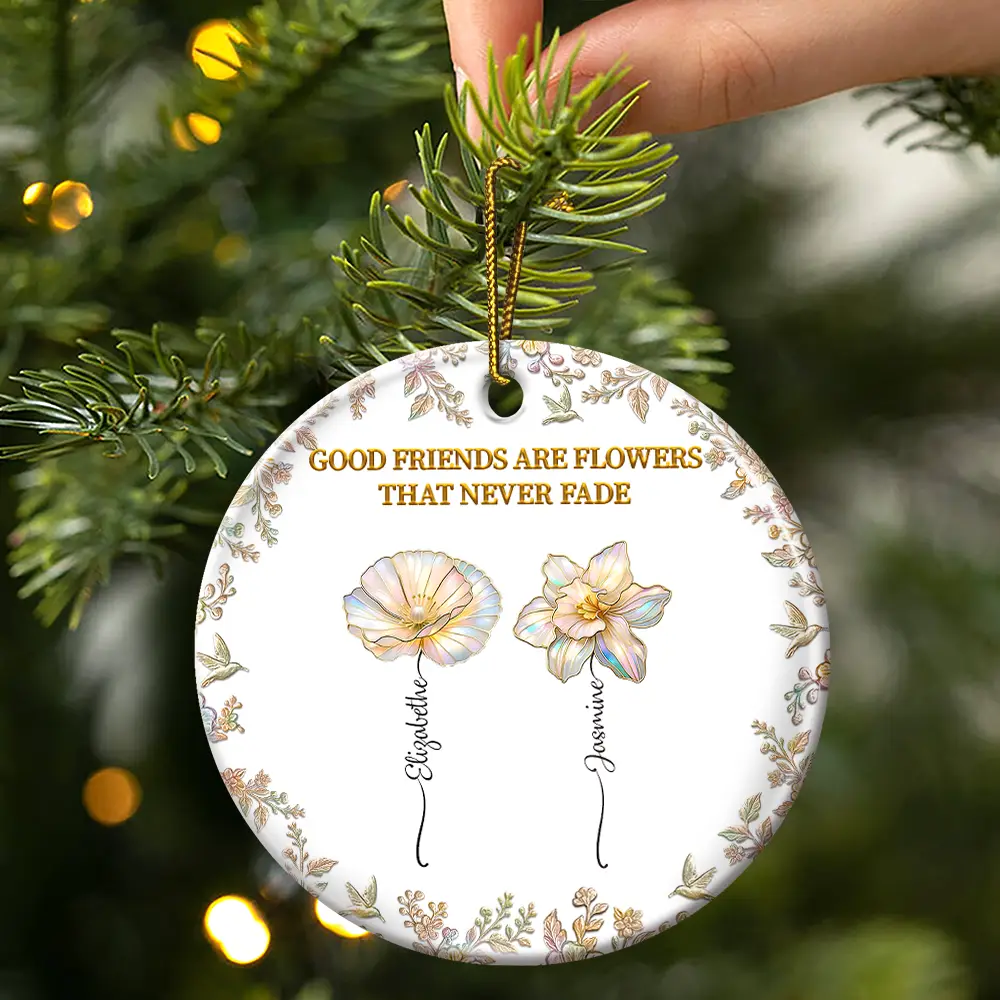 Grow An Old Friend Birth Flower Nacre Effect - Personalized Circle Ceramic Ornament - Image 3