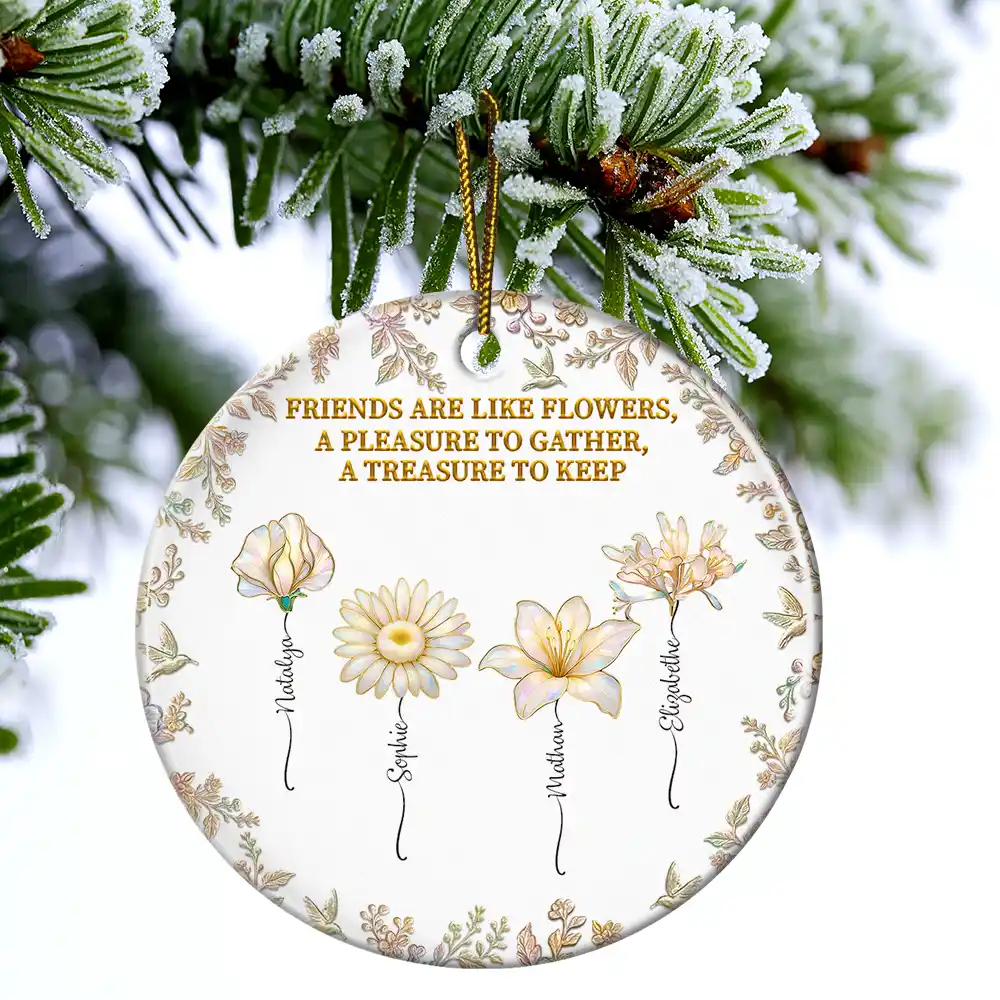 Grow An Old Friend Birth Flower Nacre Effect - Personalized Circle Ceramic Ornament - Image 4